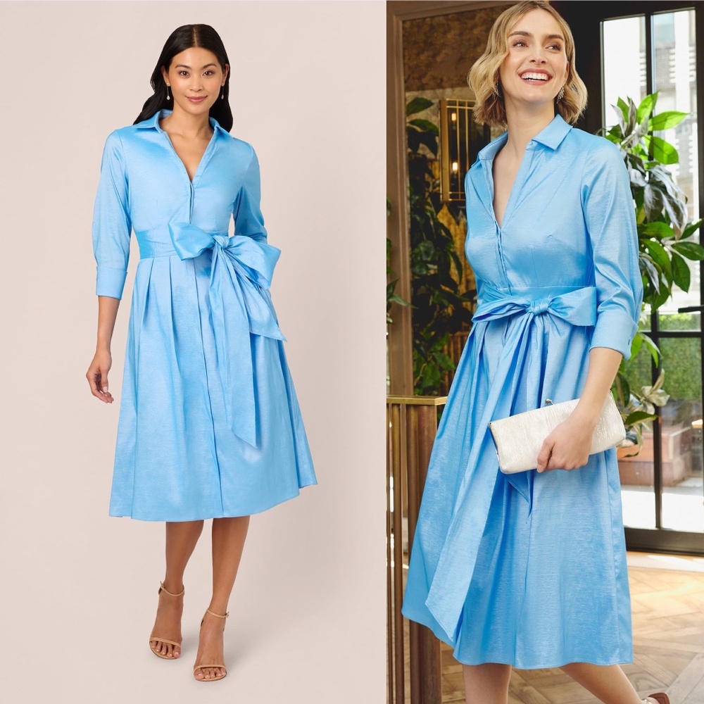 ADRIANNA PAPELL Three Quarter Sleeve Taffeta Midi Shirt Dress In Bluebell